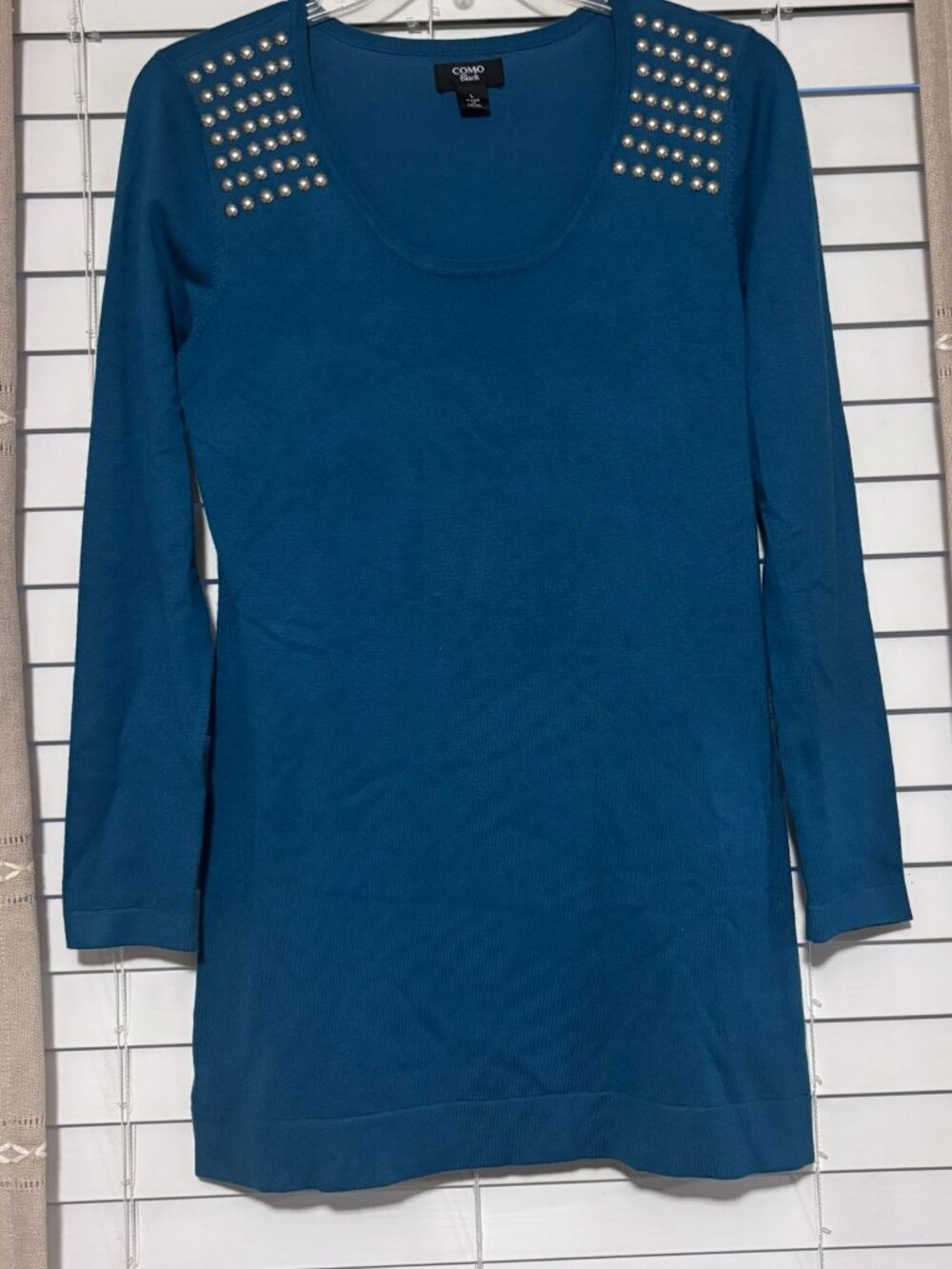 Como Black Studded Shoulder Long Sleeve Knit Tunic Sweater Teal Blue Size L